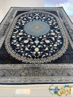 فرش سرمه ای طلایی گل برجسته 1200شانه چهل ستون