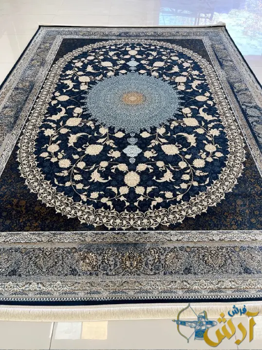 فرش سرمه ای طلایی گل برجسته 1200شانه چهل ستون