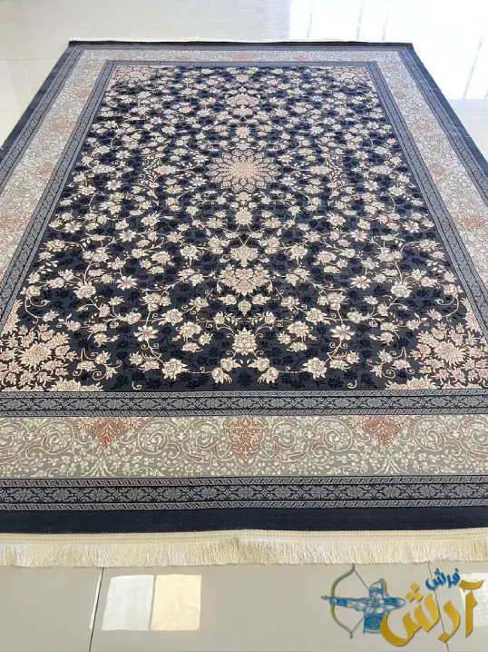 فرش افشان سرمه ای 700 شانه ارزان قیمت طرح سیمسن کاشان